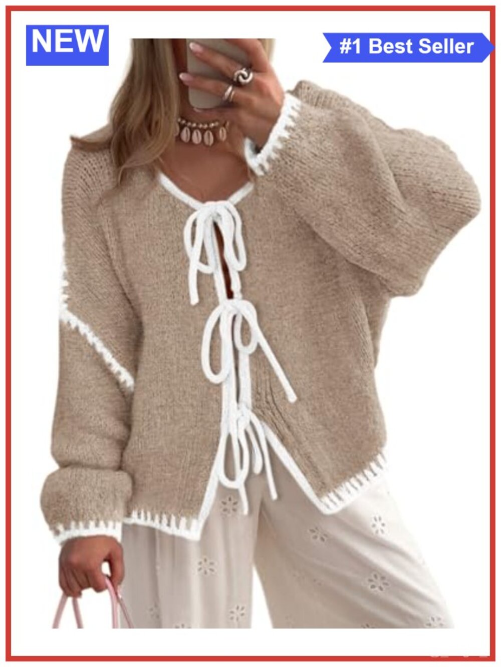 Women's Tie Front Cardigan Puff Sleeve Cable Knit Sweater